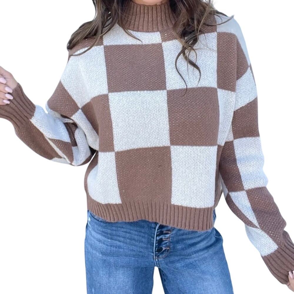 Blu Pepper "Pass The Vibe Check" Mock Neck Sweater Mocha Brown & Cream Small